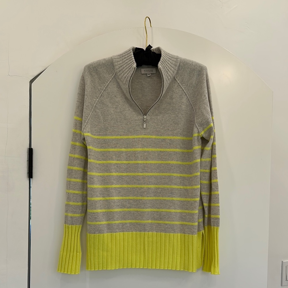 Kinross Cashmere Half-Zip - Medium - Pale Gray and Neon Yellow Stripes